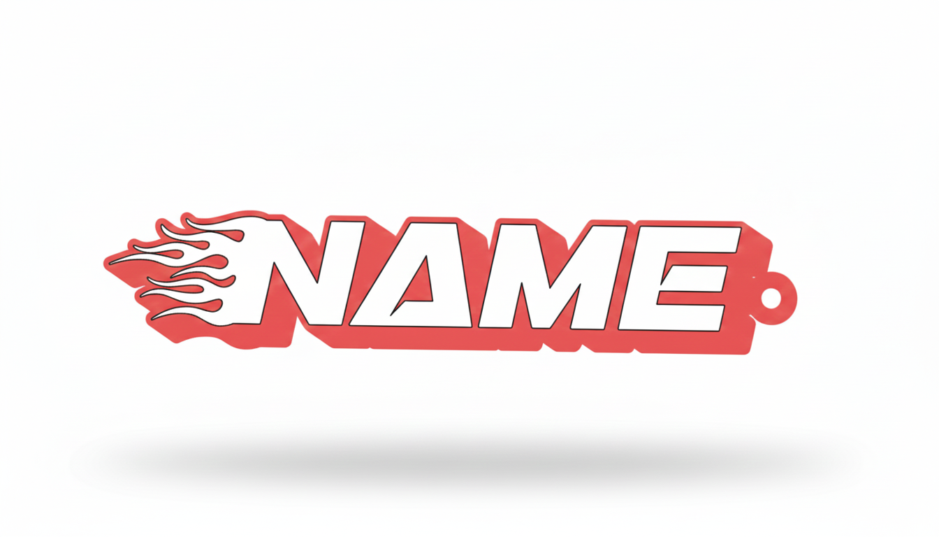 Personalised name keyring with flames design